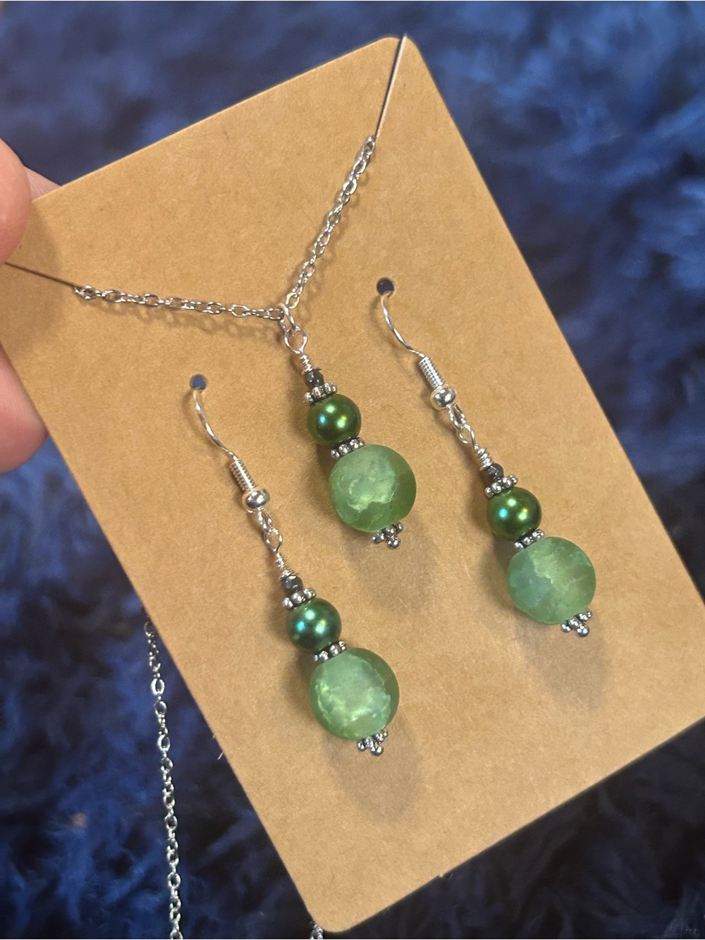 Handcrafted green crackle glass pearl necklace and earring set